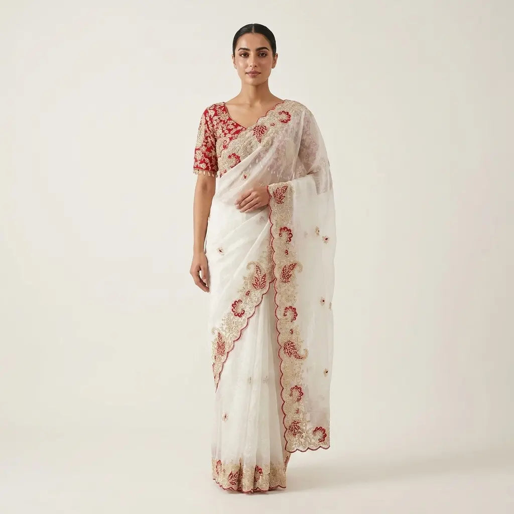 White Festive Saree with Red Embroidered Blouse