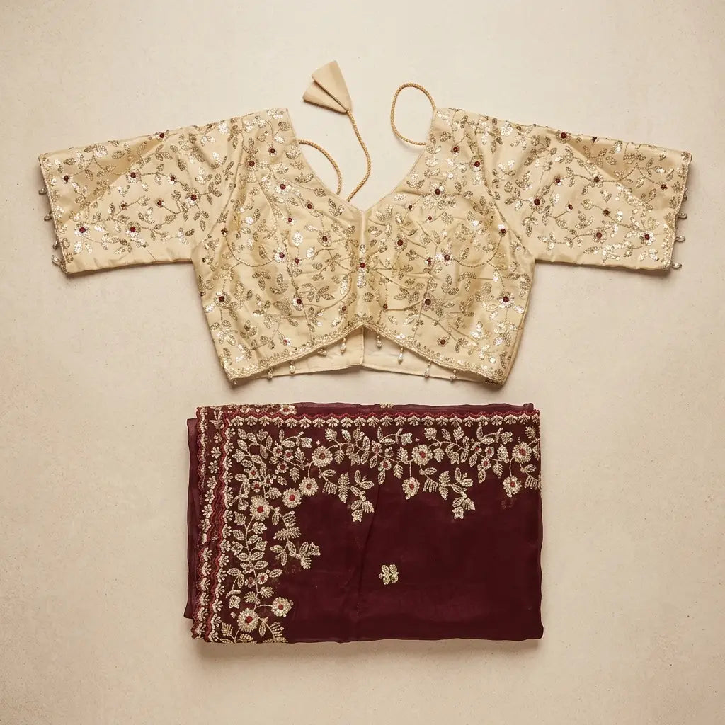 Designer Wine & Gold Saree with Matching Blouse Set