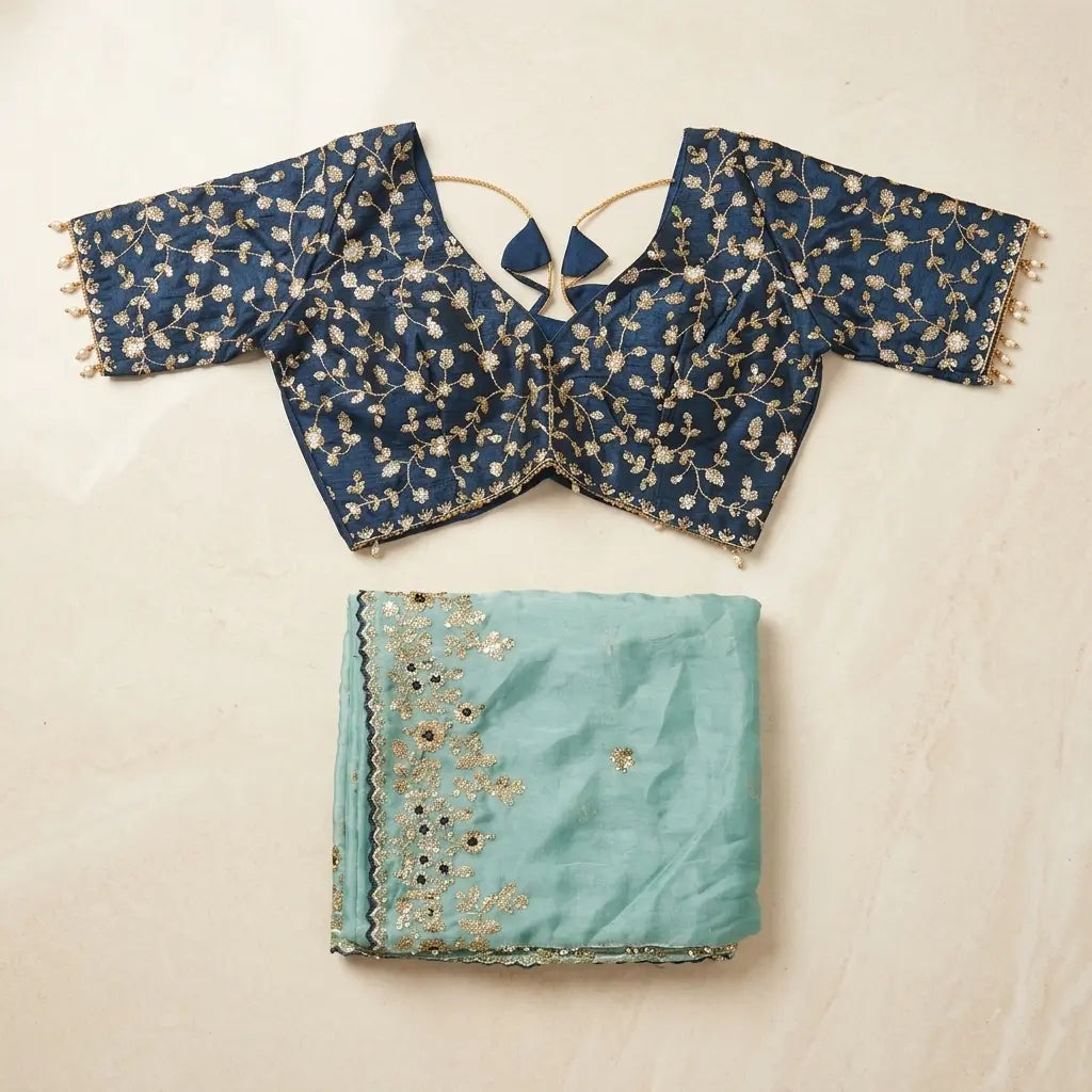 Elegant Blue & Aqua Embroidered Saree (Size 40-42)