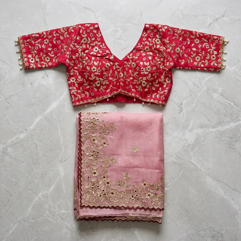 Embellished Pink Organza Saree with Designer Blouse - Size (40 To 42)