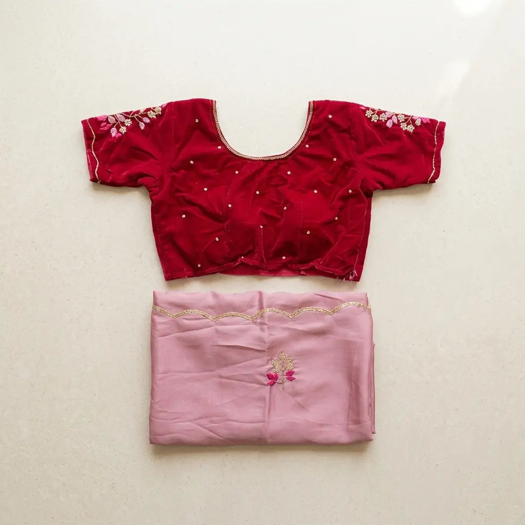 Simple & Elegant Pink Saree with Dark Pink Velvet Blouse - Size 38 to 40