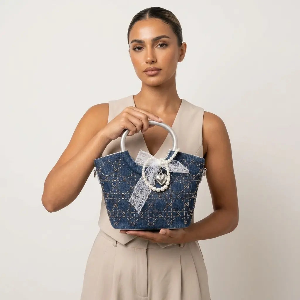Denim & Lace Pearl-Accented Top-Handle Bag