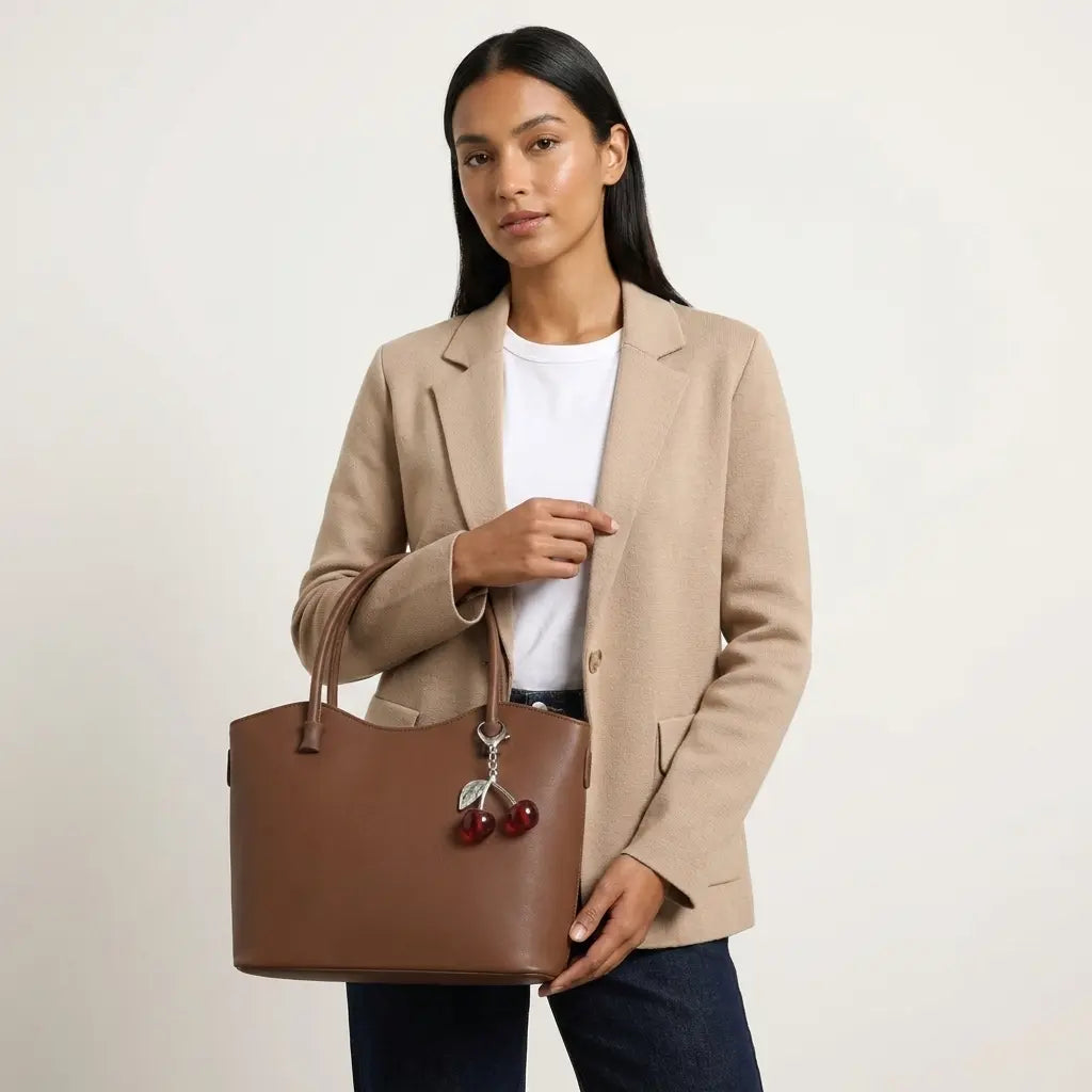Brown Structured Faux Leather Tote with Cherry Charm