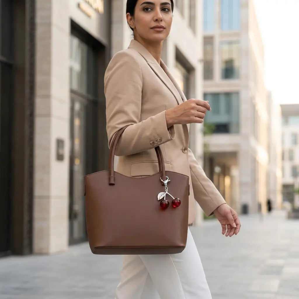 Brown Structured Faux Leather Tote with Cherry Charm