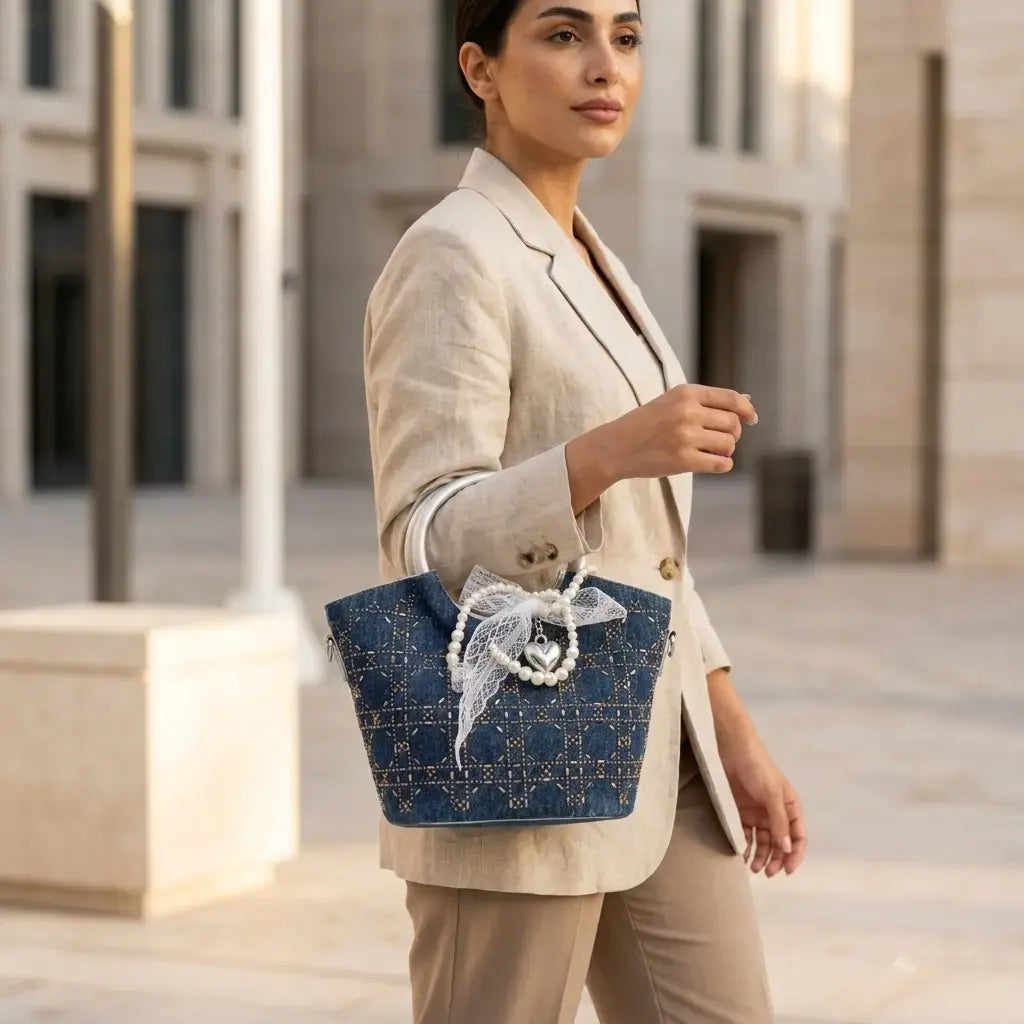 Denim & Lace Pearl-Accented Top-Handle Bag