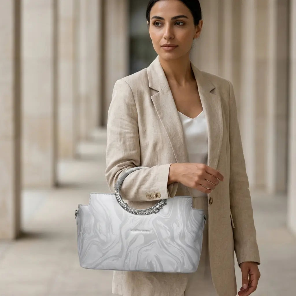 Metallic Silver Marbled Top-Handle Bag