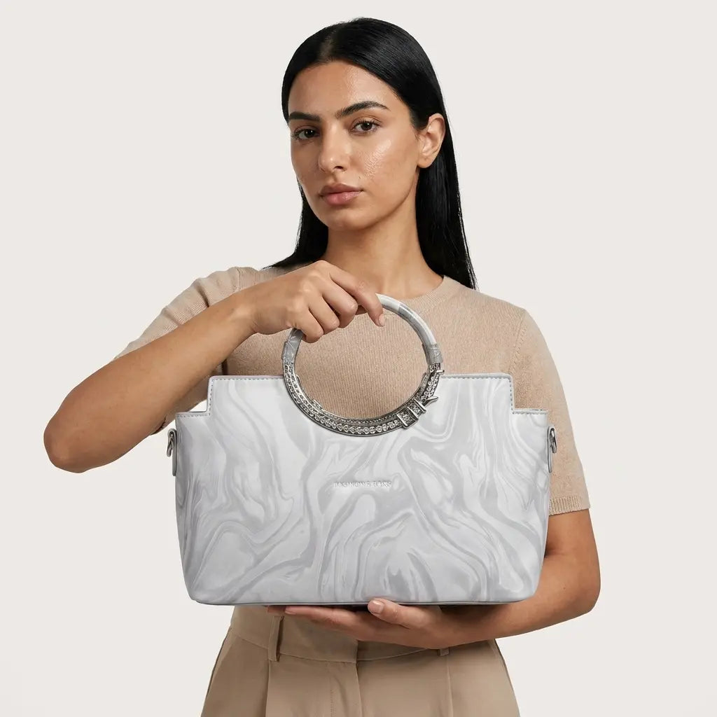Metallic Silver Marbled Top-Handle Bag