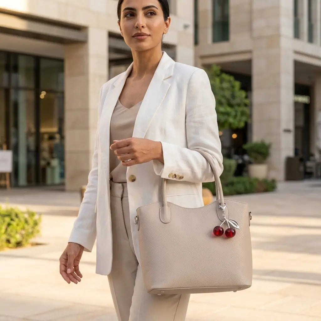 Elegant Structured Bag with Red Cherry Keychain