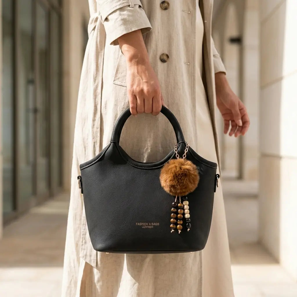 Black Leather Handbag with Faux Fur Pom-Pom Charm