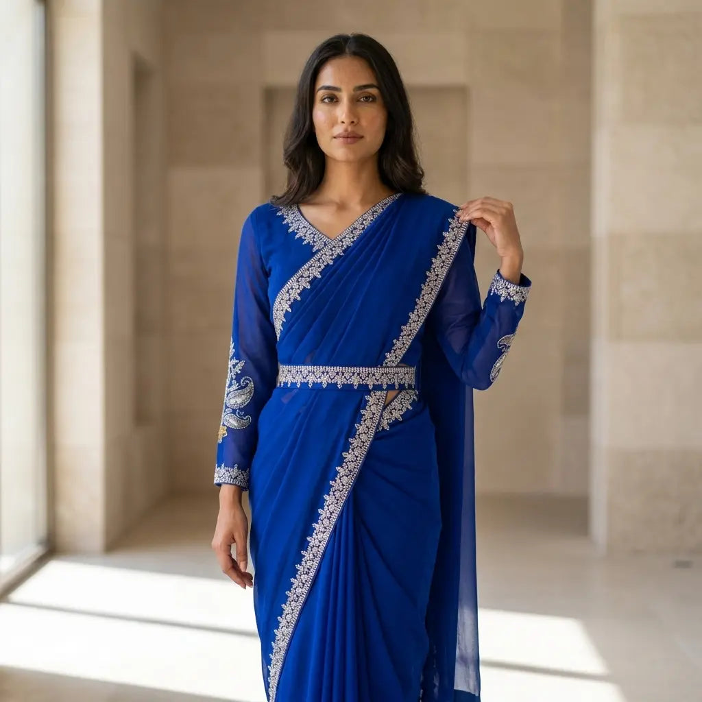 Georgette Saree with Embroidery Work - Stitched Blouse & Belt Size 40