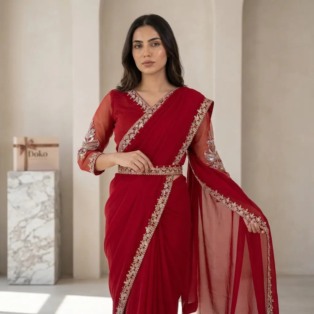 Georgette Saree with Embroidery Work , Stitched Blouse With Belt