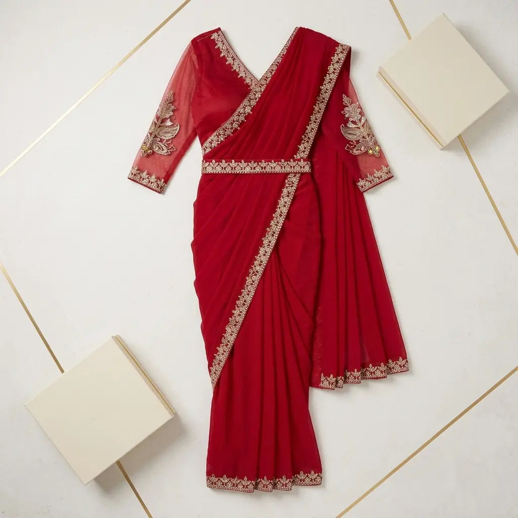 Georgette Saree with Embroidery Work , Stitched Blouse With Belt