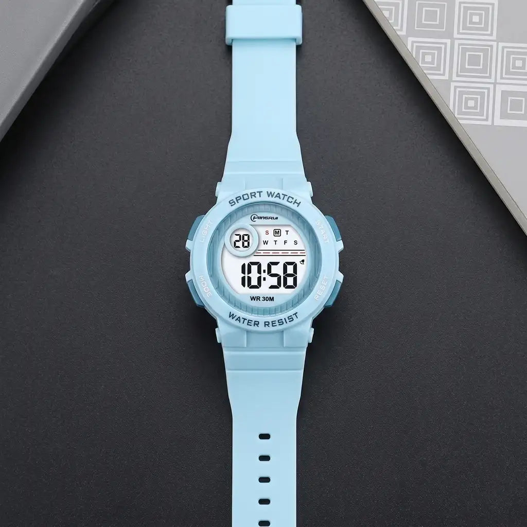 Mingrui Kids Digital Watch with Alarm, Timer & Glow | Water Resistant 30M | Black Plastic Case & TPU Strap | Ages 3–14
