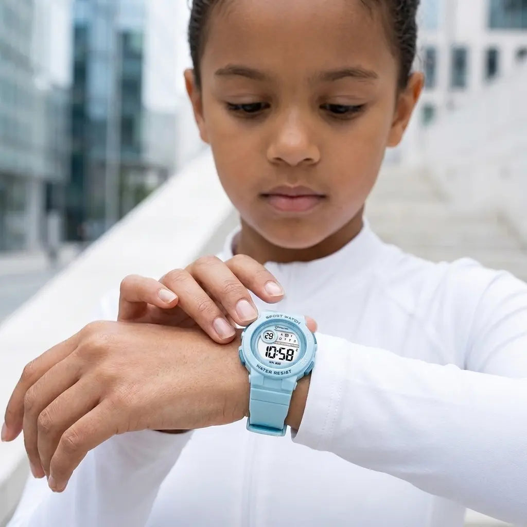 Mingrui Kids Digital Watch with Alarm, Timer & Glow | Water Resistant 30M | Black Plastic Case & TPU Strap | Ages 3–14