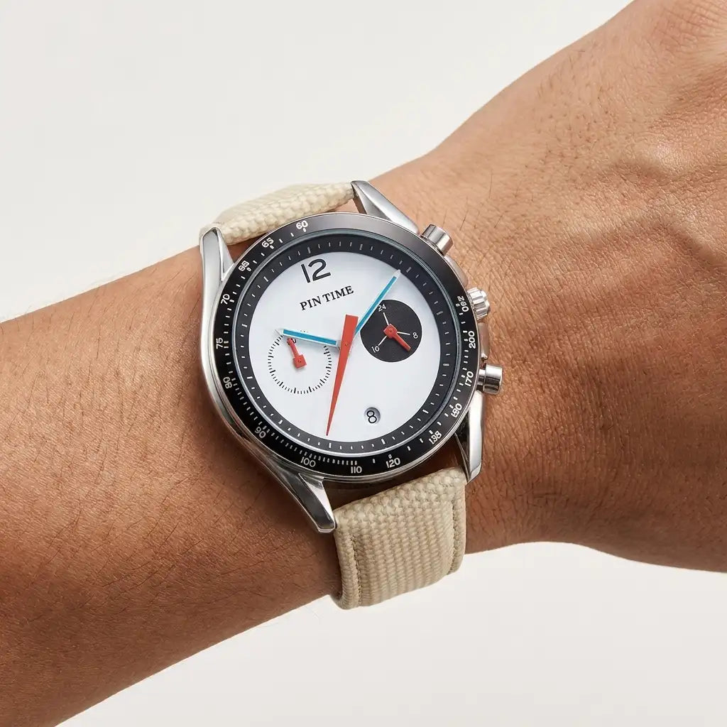 PINTIME Men's Quartz Watch | Chronograph Calendar 6-Hand | Waterproof Sports Watch | PU Leather Strap | Zinc Alloy Case