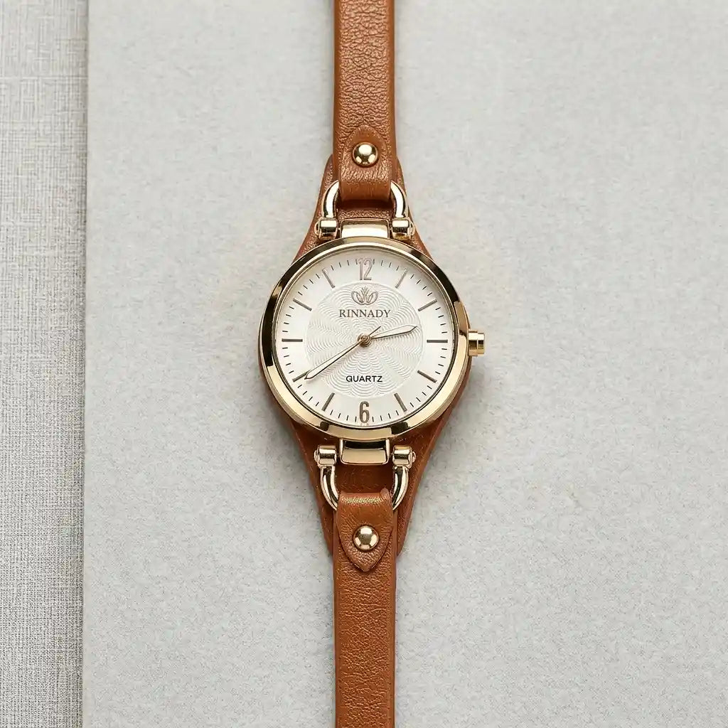 Women's Vintage Thin Band Round Quartz Watch | Brown PU Leather Strap | Elegant Wrist Watch