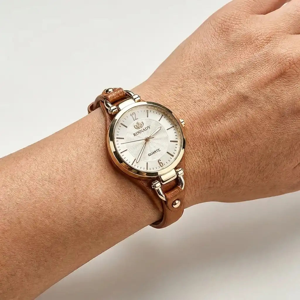 Women's Vintage Thin Band Round Quartz Watch | Brown PU Leather Strap | Elegant Wrist Watch