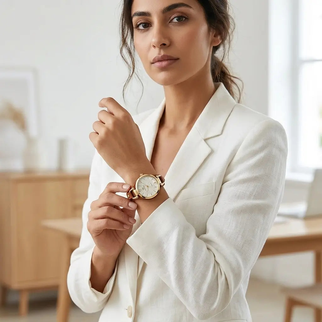 Women's Vintage Thin Band Round Quartz Watch | Brown PU Leather Strap | Elegant Wrist Watch