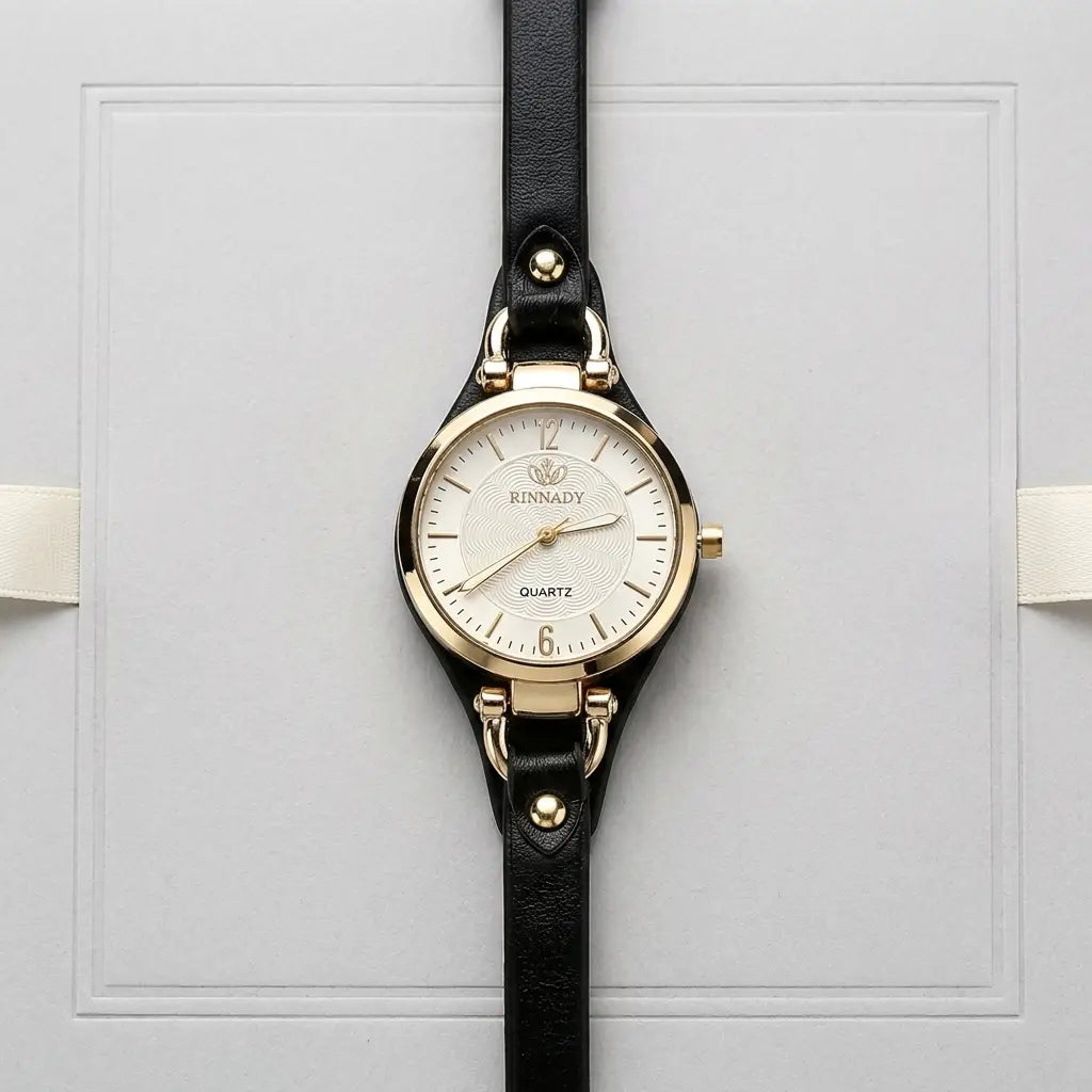 Women's Vintage Thin Band Round Quartz Watch | Black PU Leather Strap | Elegant Wrist Watch