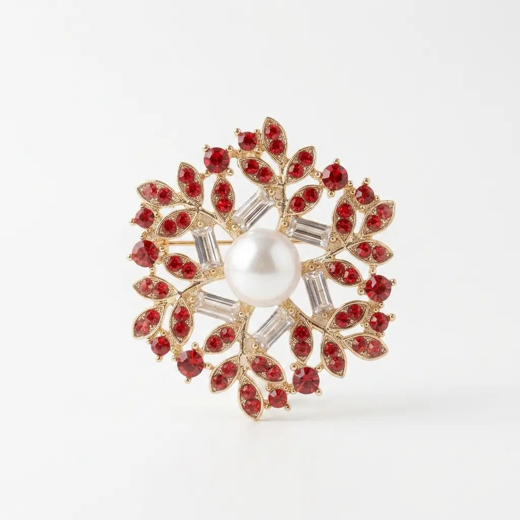 Pearl & Red Stone Saree Pin