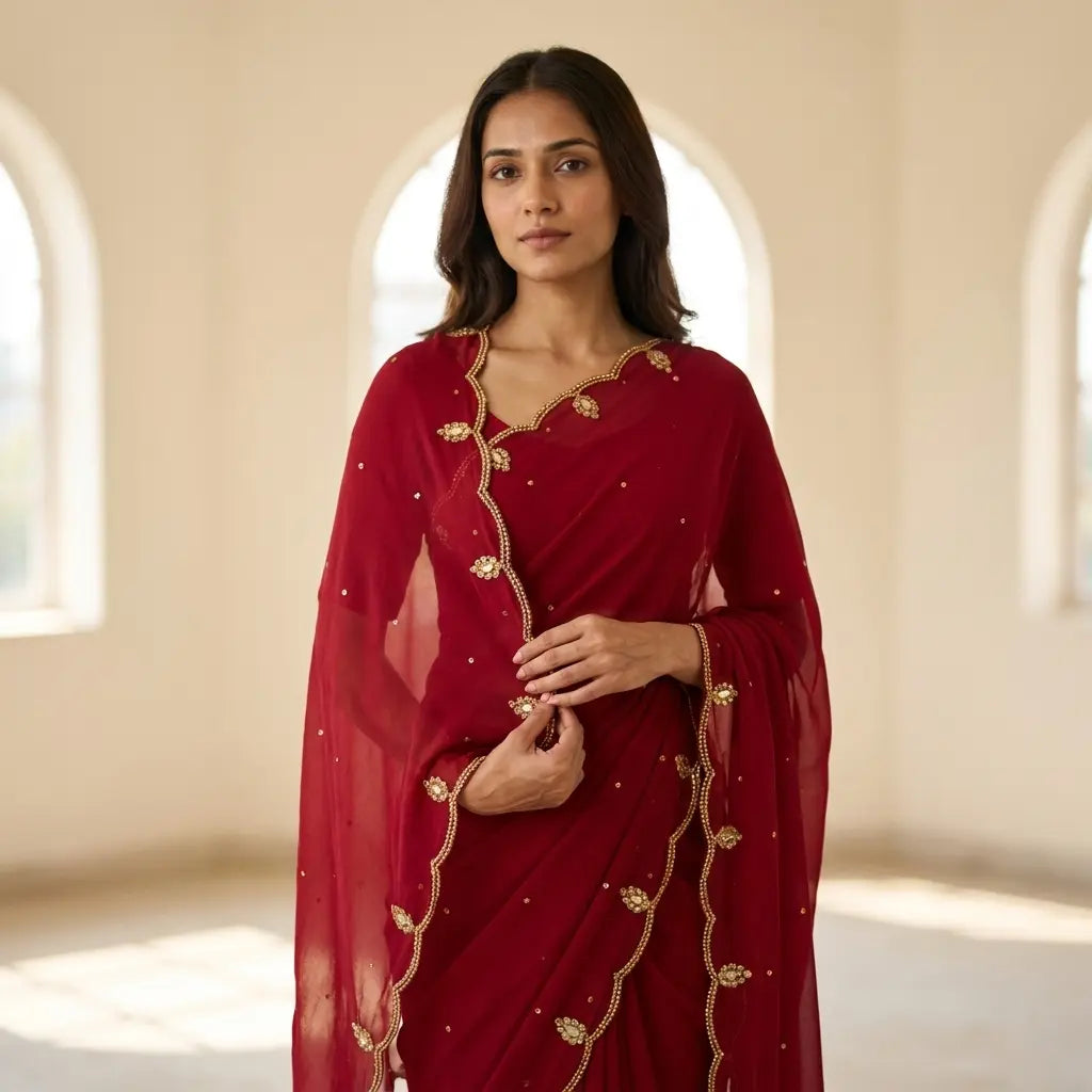 Stoned Red Georgette Saree