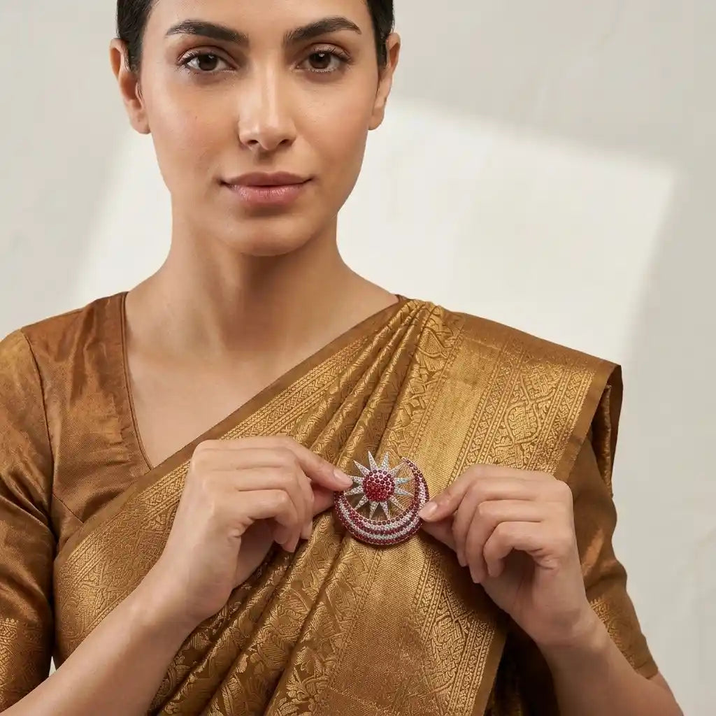 Red & White Crystal Sun & Moon Saree Pin