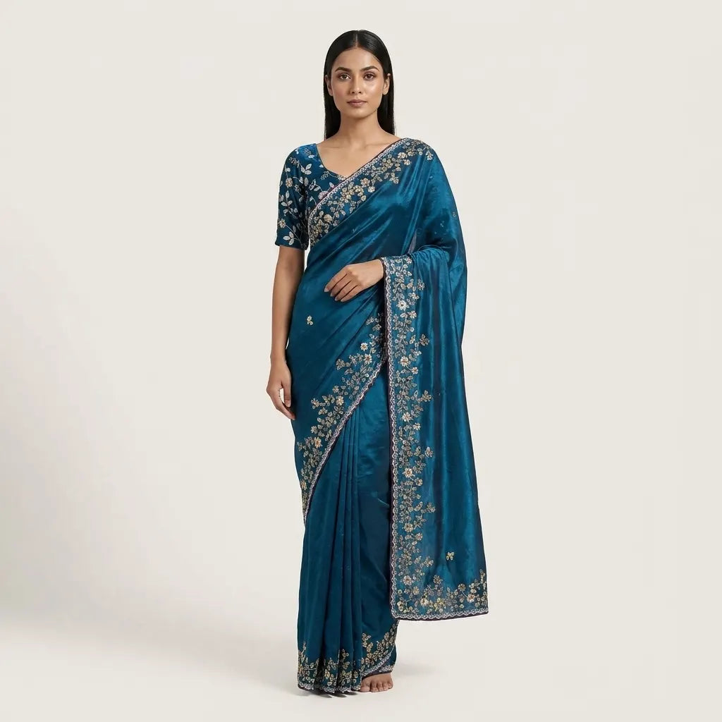 Royal Blue Floral Threadwork Fendi Saree Set