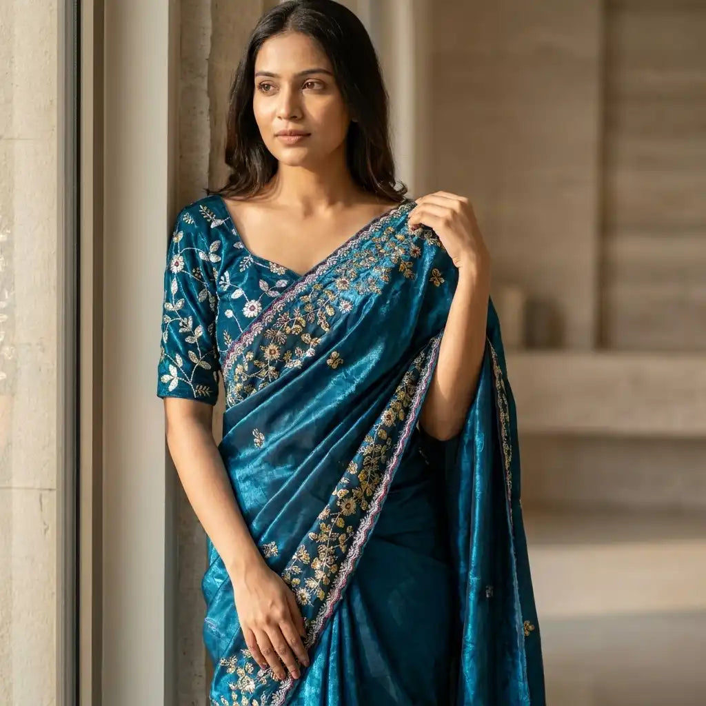 Royal Blue Floral Threadwork Fendi Saree Set