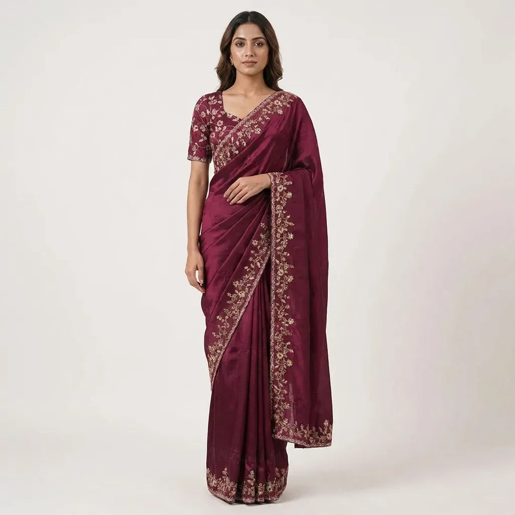Wine Floral Threadwork Fendi Saree Set