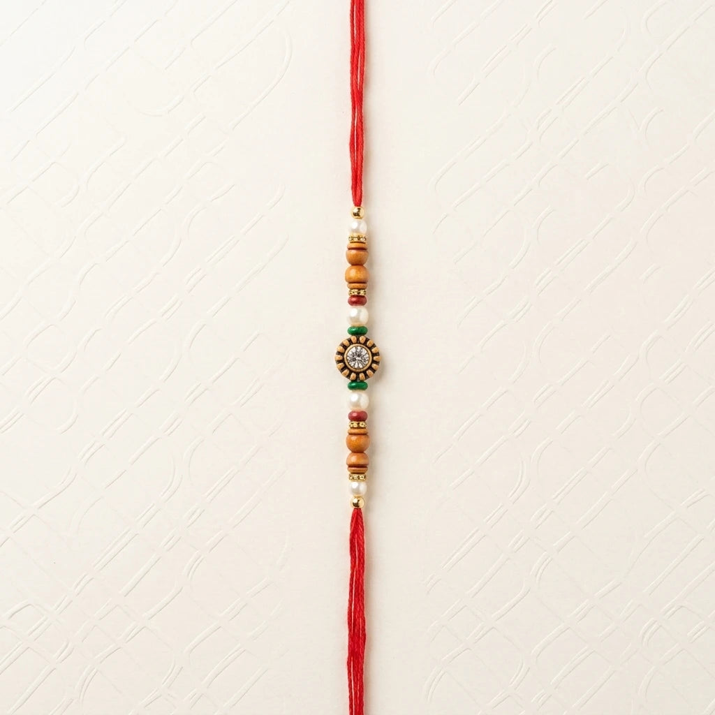Traditional Wooden Bead & Pearl Centerpiece Rakhi