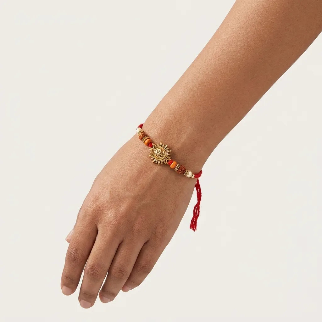 Traditional Wooden Bead & Pearl Centerpiece Rakhi