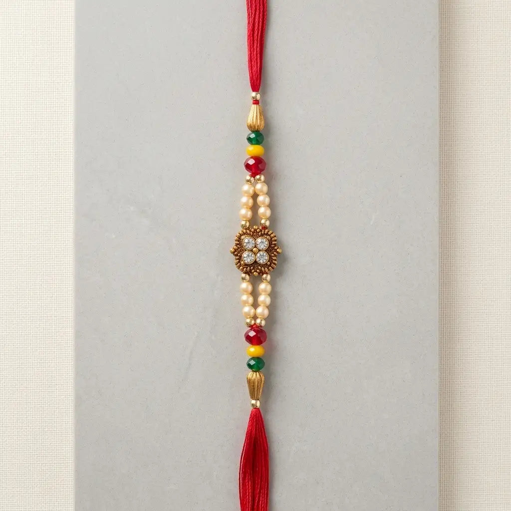 Traditional Four-Petal Stone & Pearl Designer Rakhi