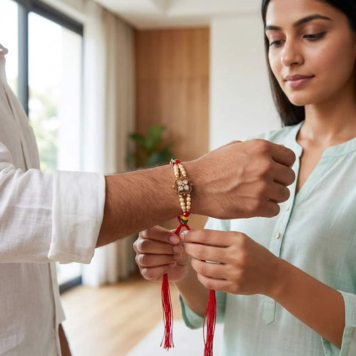 Traditional Four-Petal Stone & Pearl Designer Rakhi