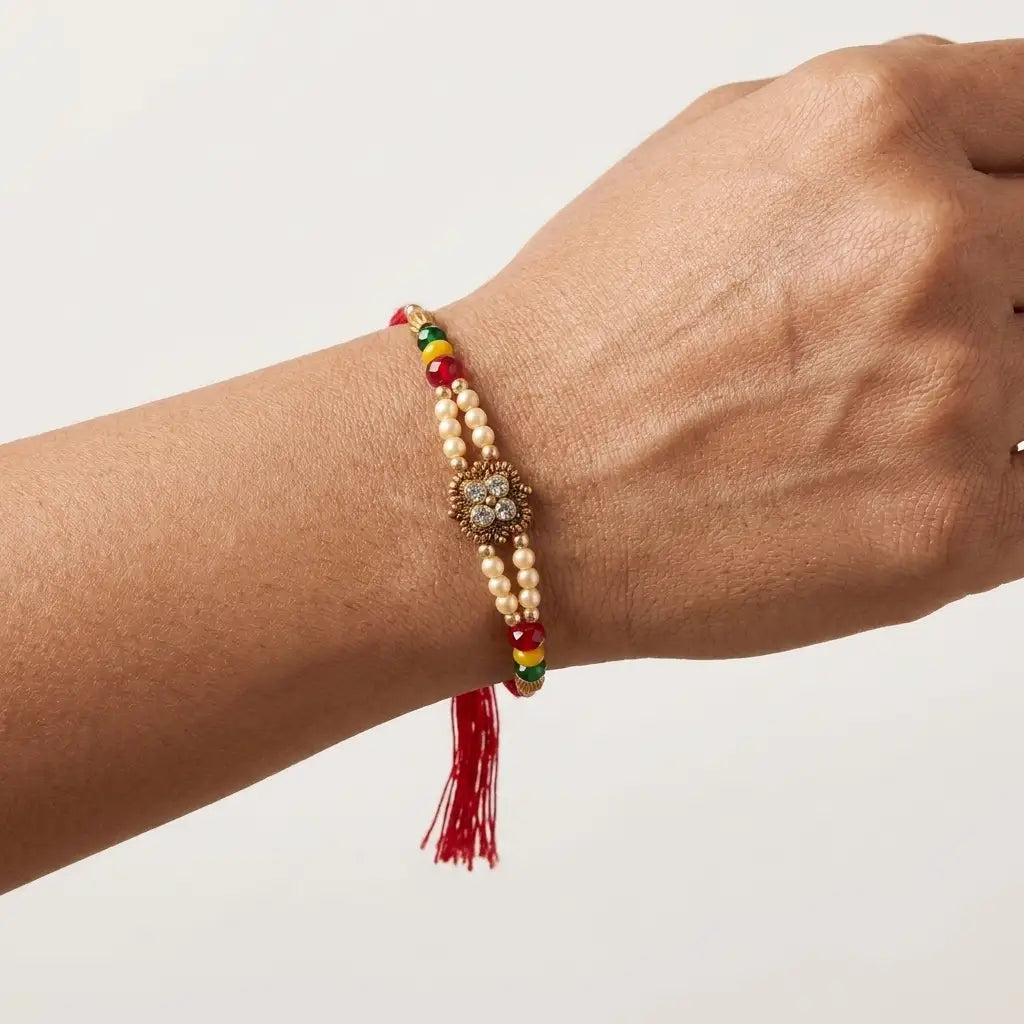 Traditional Four-Petal Stone & Pearl Designer Rakhi