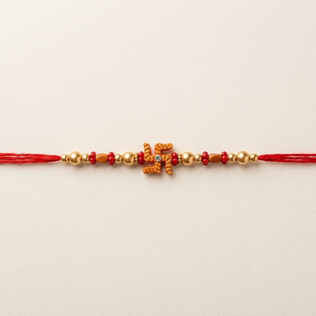 Traditional Swastika Rakhi with Red & Gold Beads