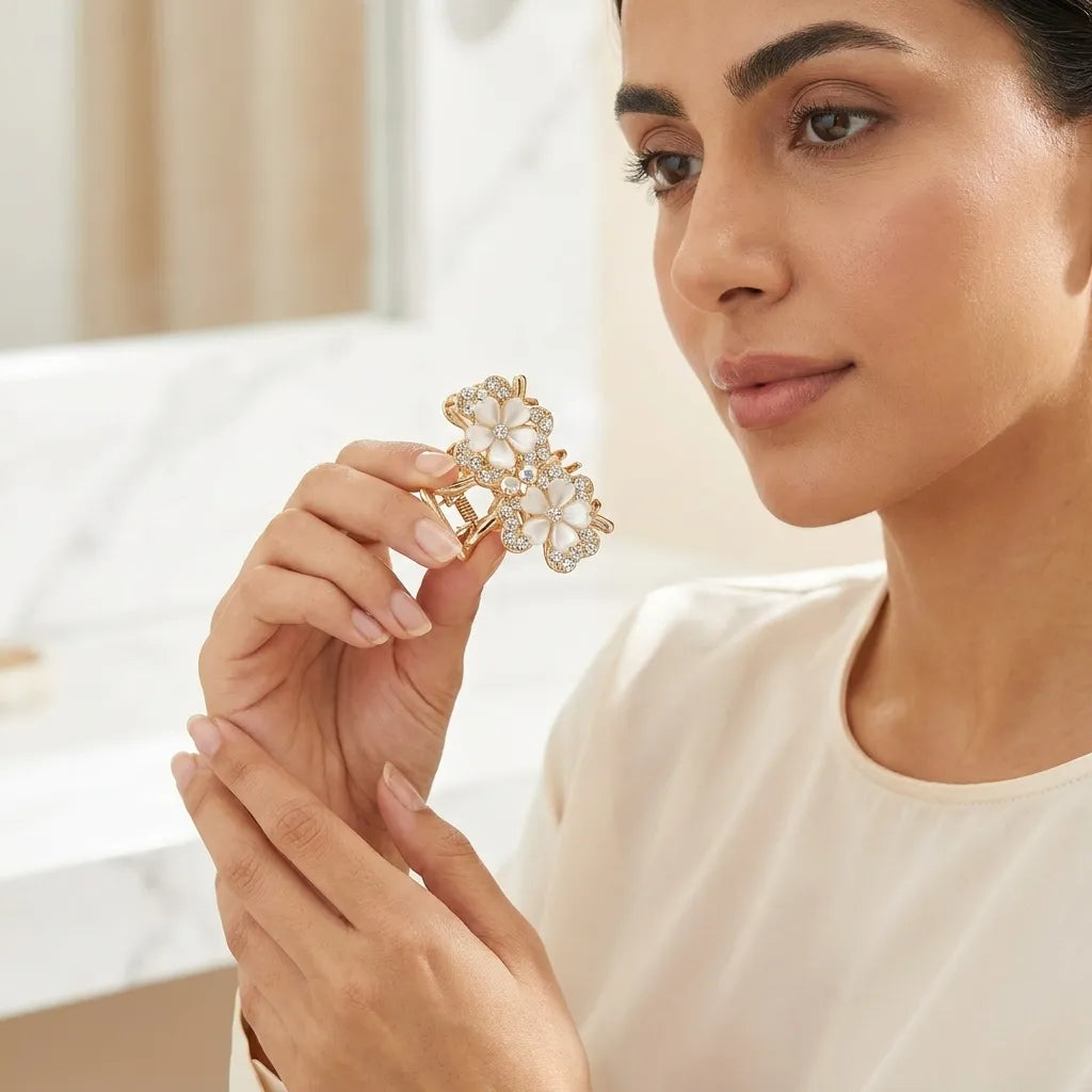 Double Floral Crystal Hair Clip