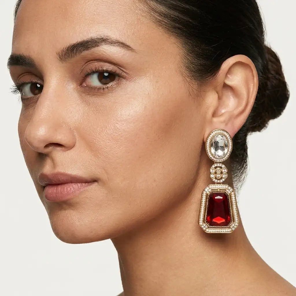 Maroon and White Stone Earrings