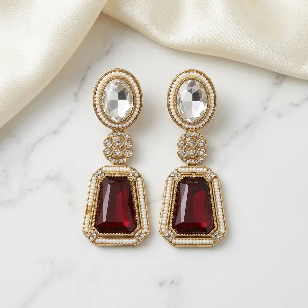 Maroon and White Stone Earrings