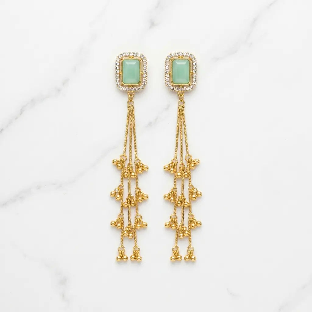 Mint Green Stone and Gold Chain Tassel Earrings