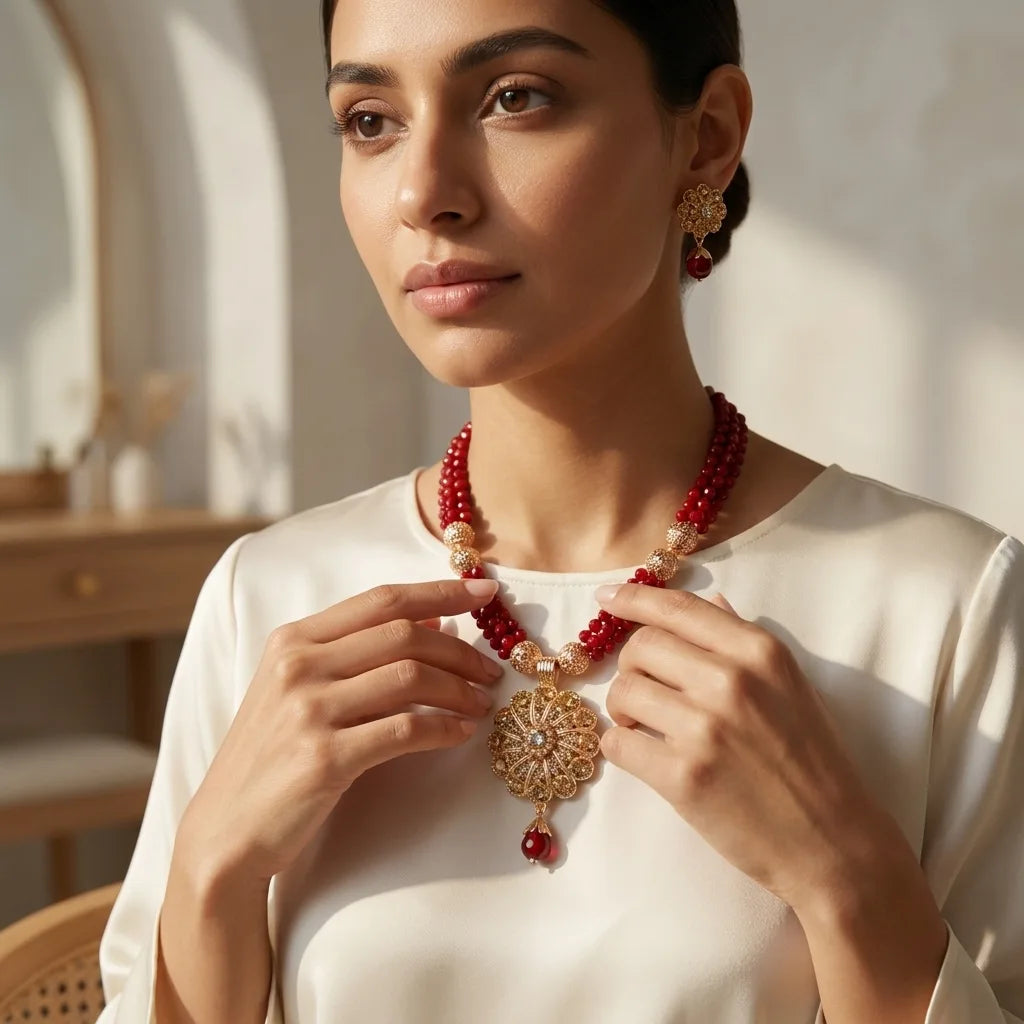Ethnic Red Stone Necklace and Matching Earrings
