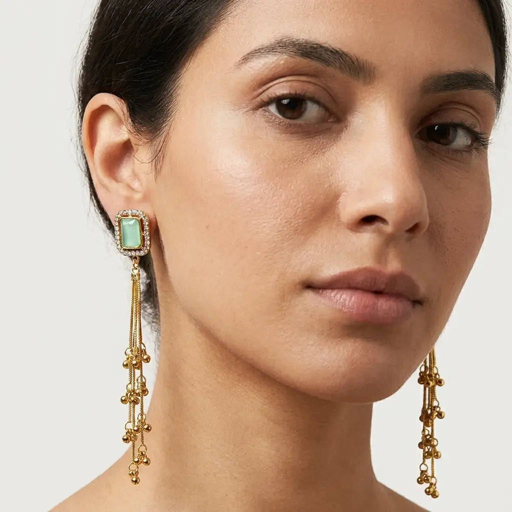 Mint Green Stone and Gold Chain Tassel Earrings