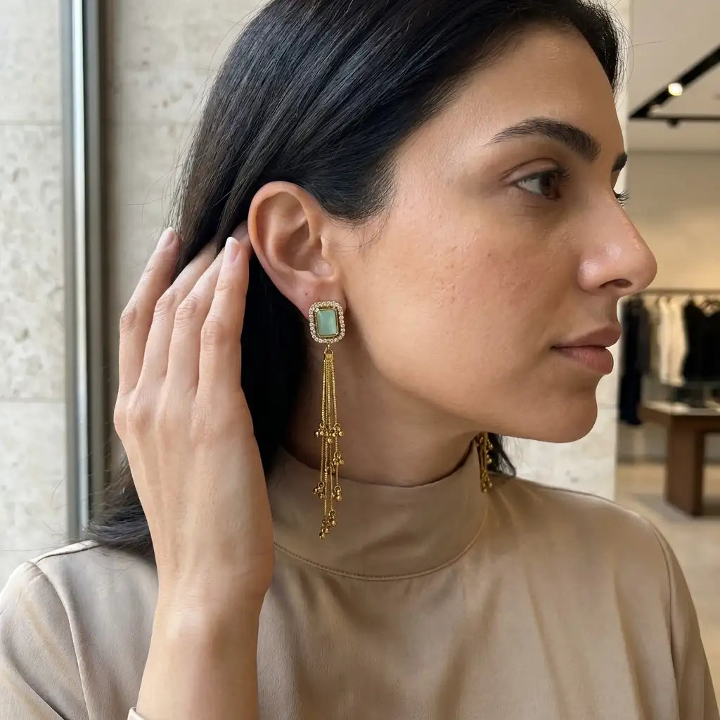 Mint Green Stone and Gold Chain Tassel Earrings