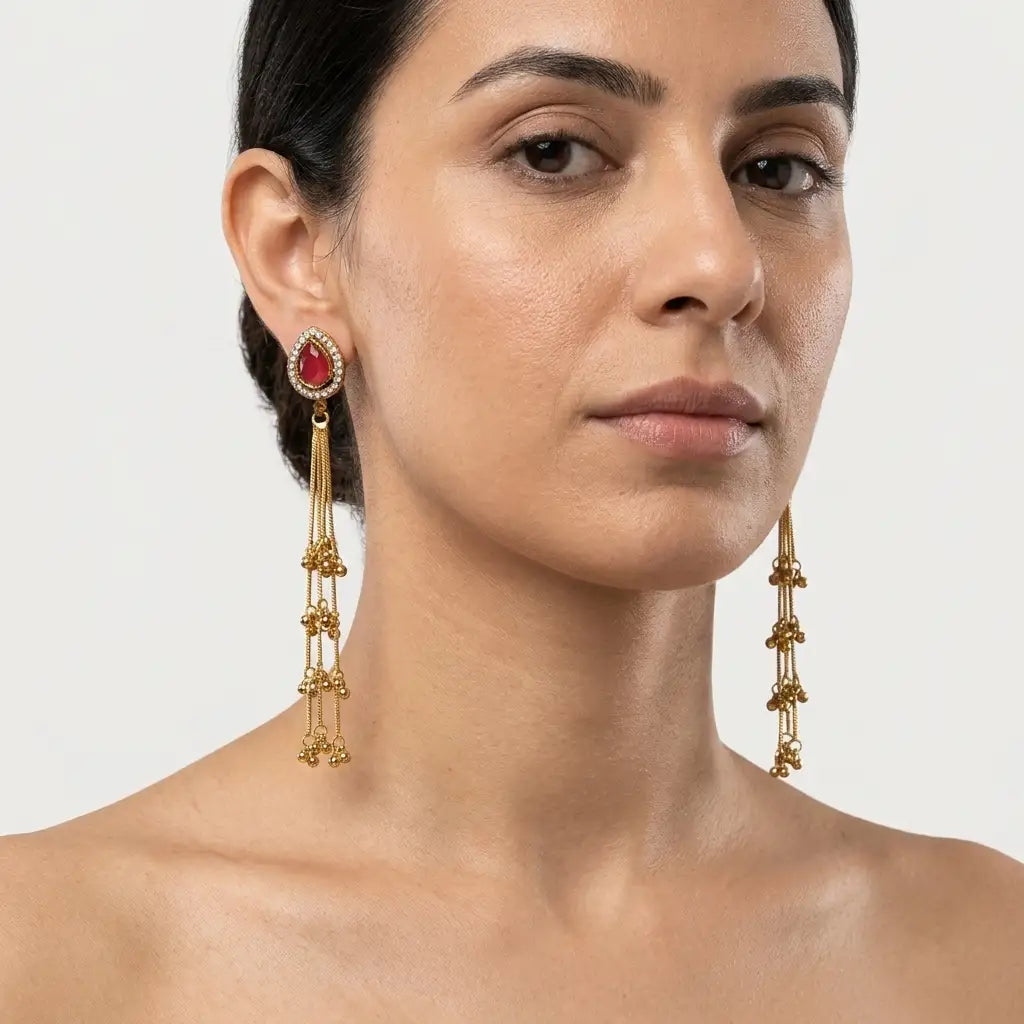 Maroon Stone and Gold Chain Tassel Earrings