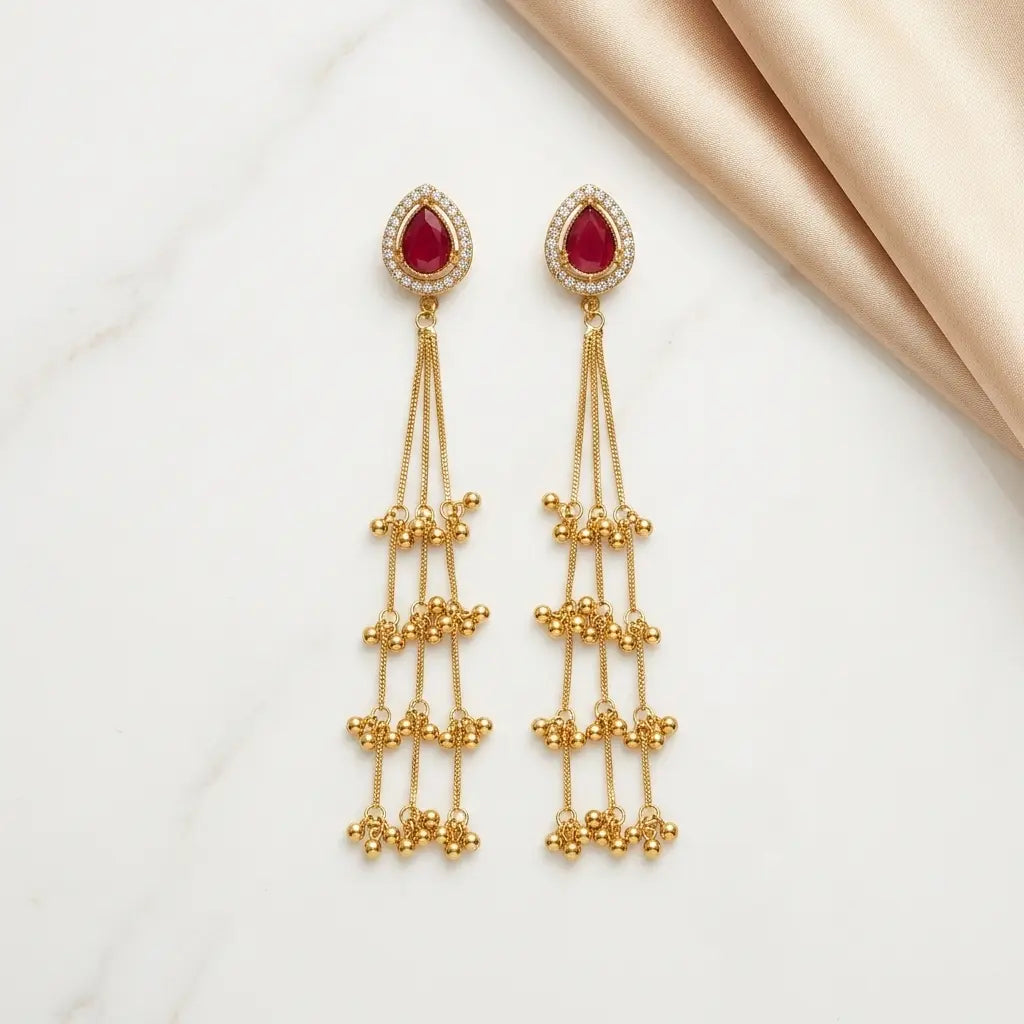 Maroon Stone and Gold Chain Tassel Earrings