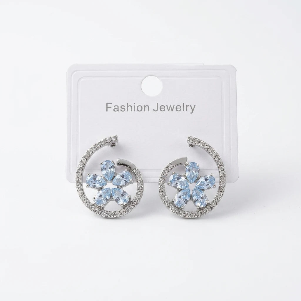 Silver Crystal Flower Swirl Earrings