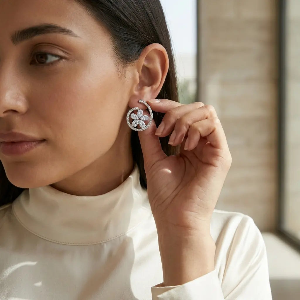 Silver Crystal Flower Swirl Earrings