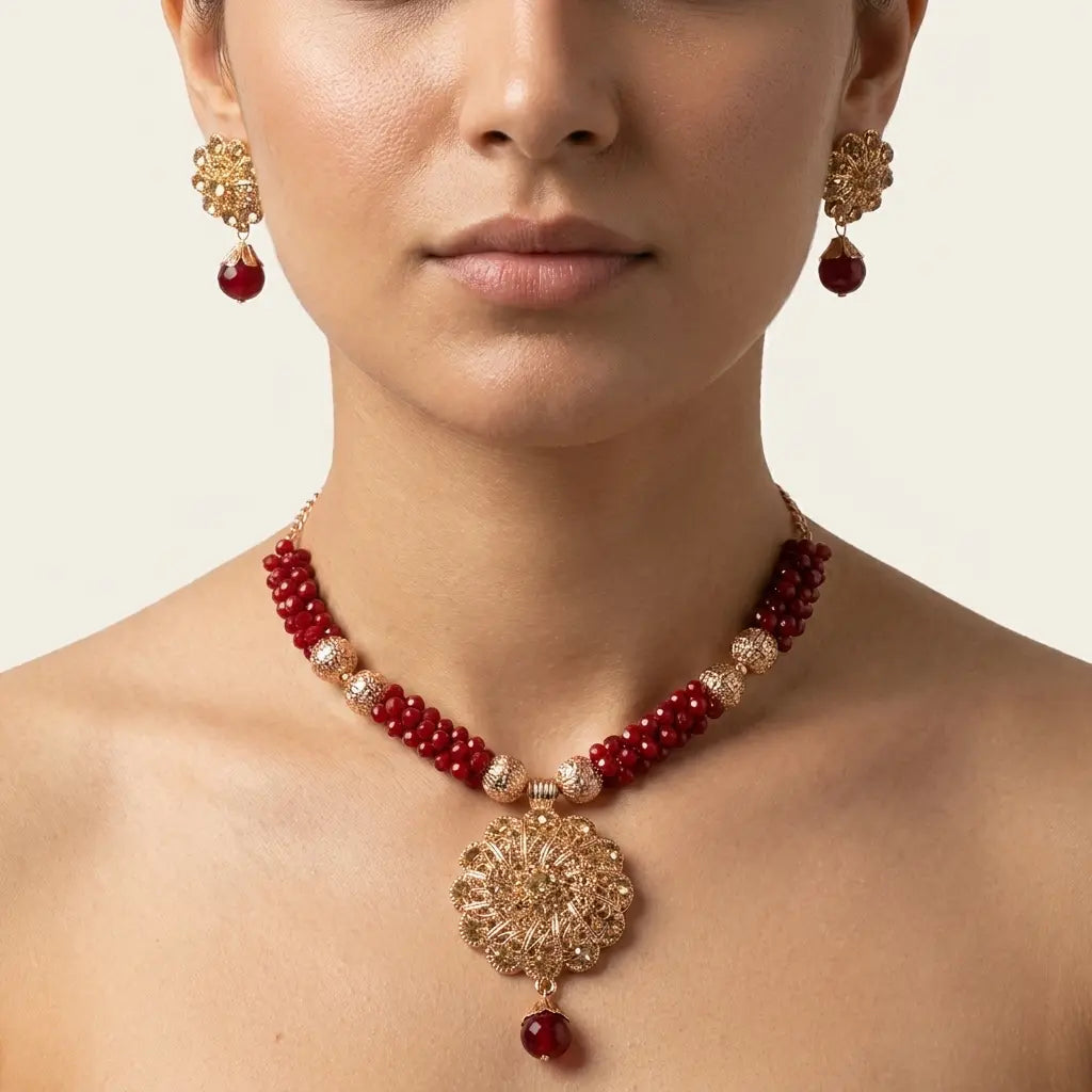 Ethnic Red Stone Necklace and Matching Earrings