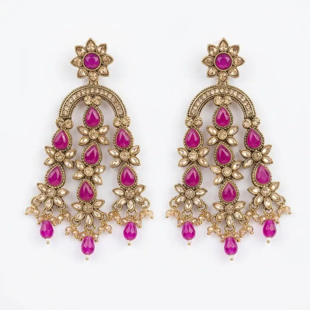Magenta Stone and Gold Ethnic Chandbali Earrings