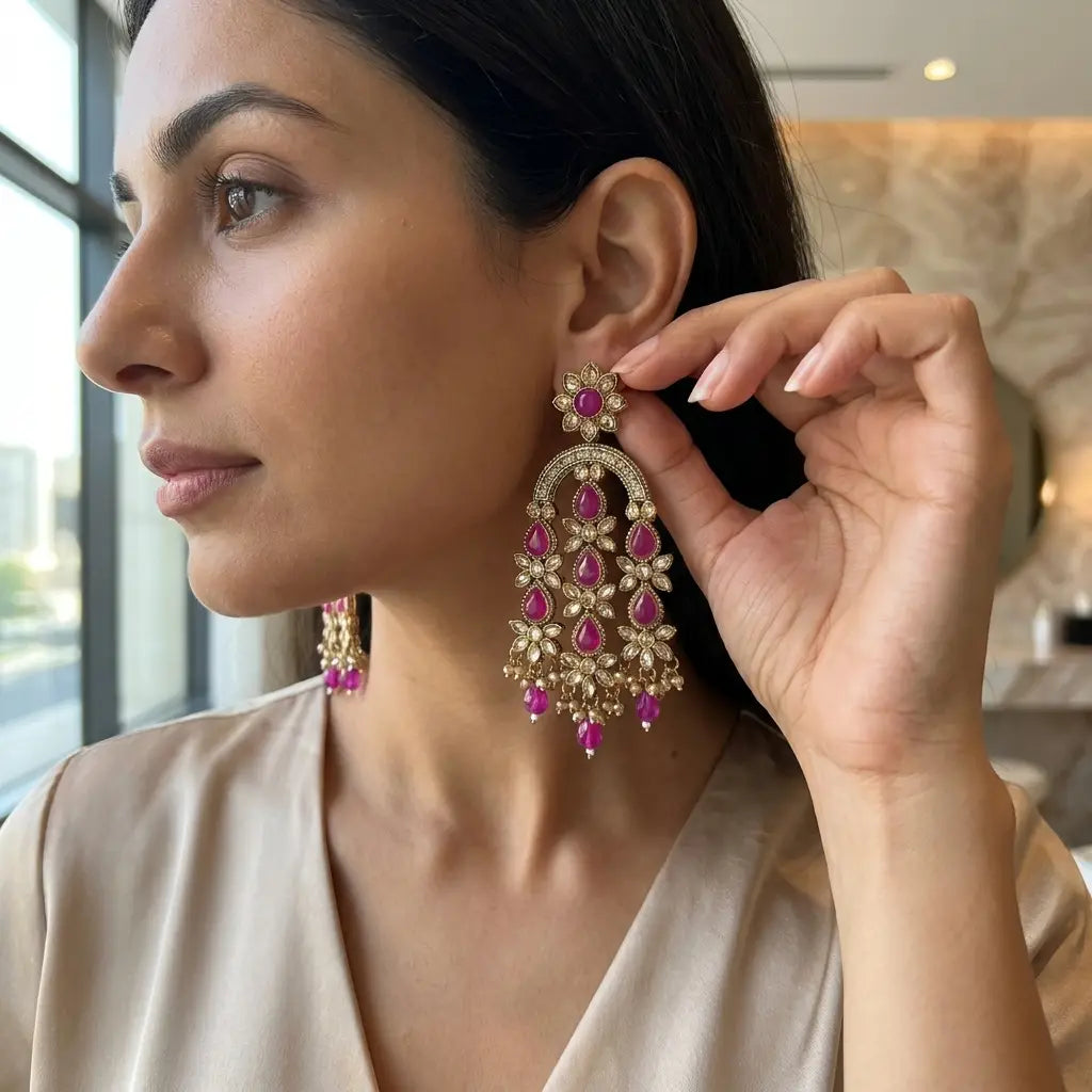 Magenta Stone and Gold Ethnic Chandbali Earrings