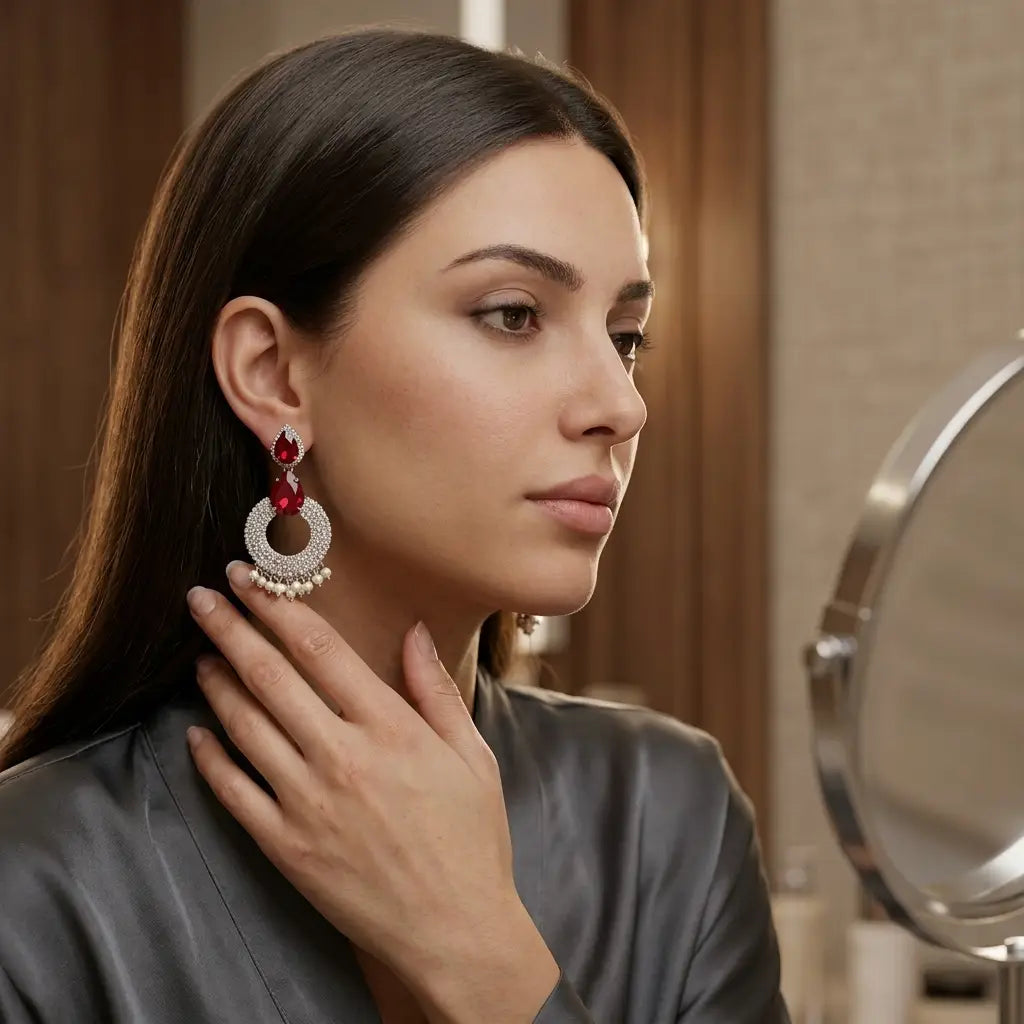 Red Stone & Pearl Hoop Statement Earrings